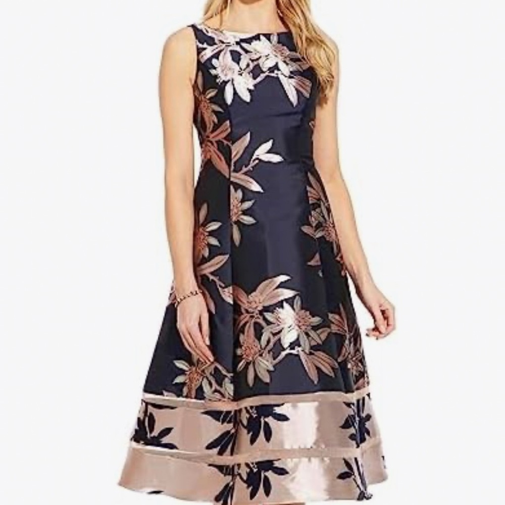 Adrianna Papell Navy and Pink Floral Flare A-Line Dress EUC